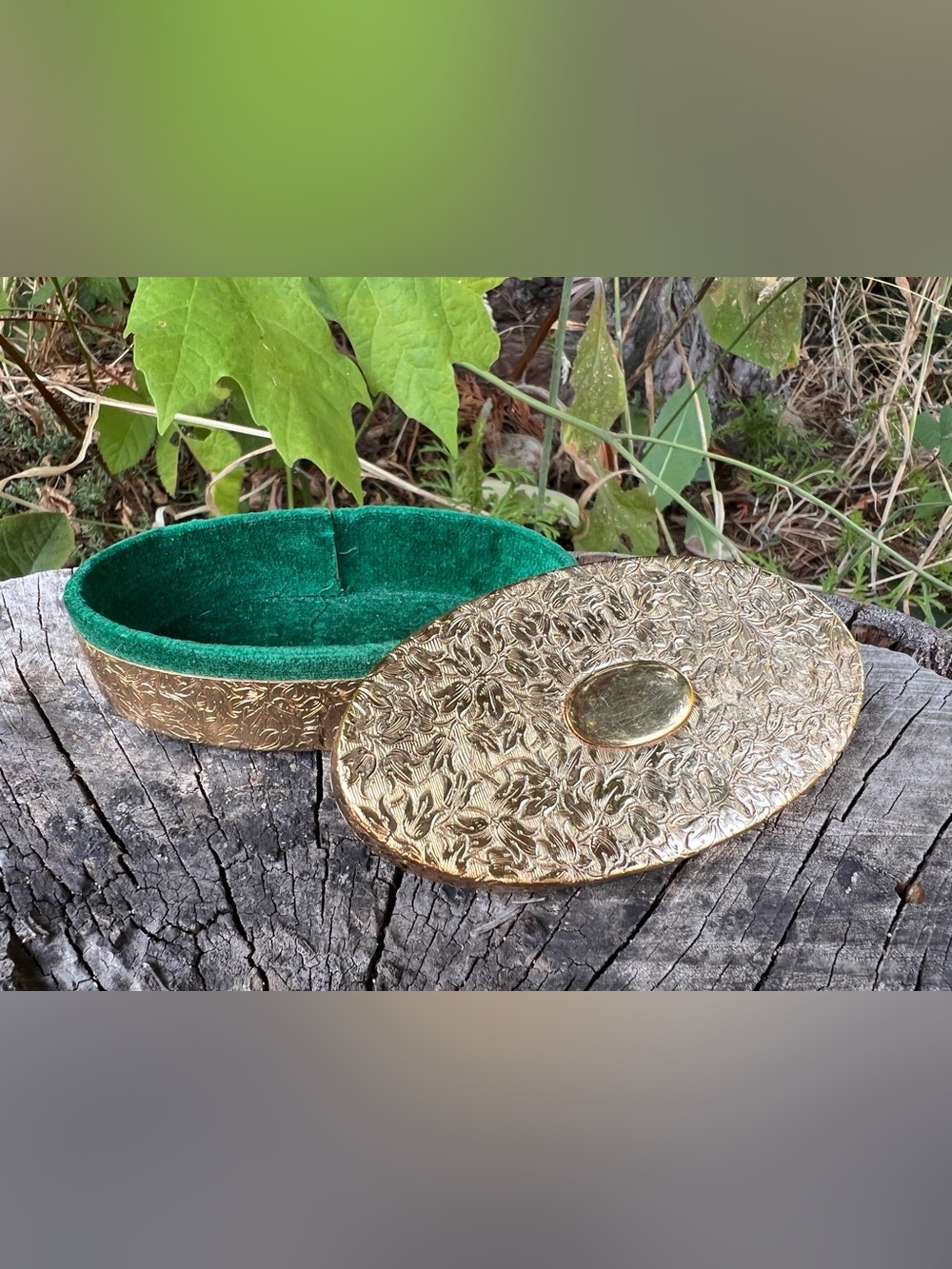 Gold Embossed Oval Jewelry Box with Green Velvet Lining